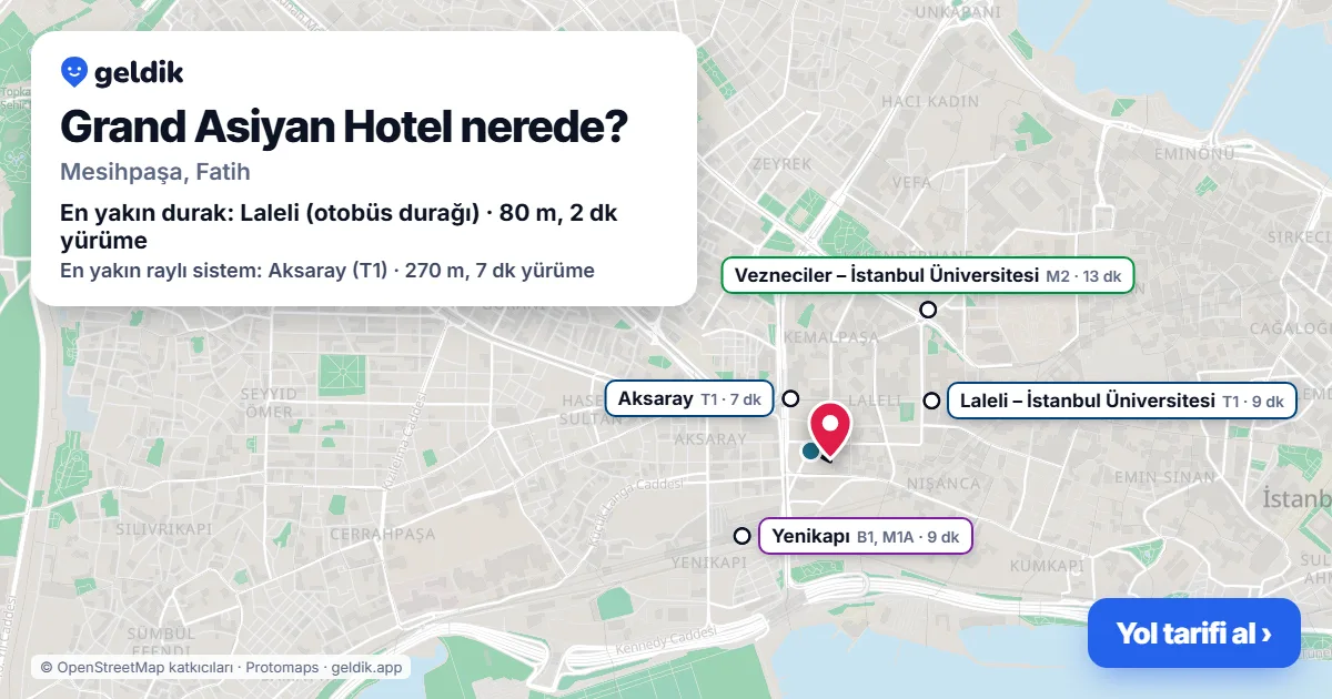 Where is Grand Asiyan Hotel: map with its location and the nearest stops, with walking times