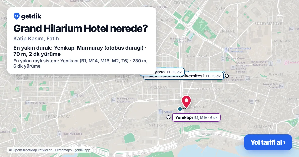 Grand Hilarium Hotel nerede: haritada konumu ve en yakın duraklar, yürüme süreleriyle