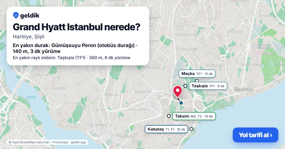 Grand Hyatt Istanbul nerede: haritada konumu ve en yakın duraklar, yürüme süreleriyle