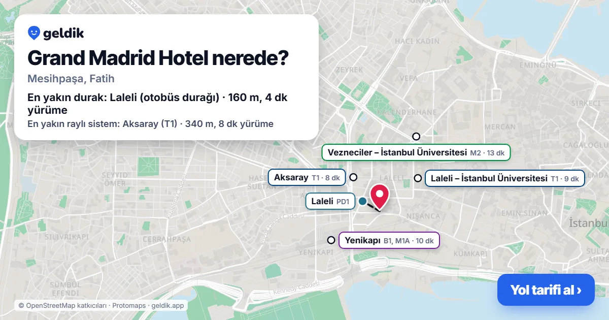 Grand Madrid Hotel nerede: haritada konumu ve en yakın duraklar, yürüme süreleriyle