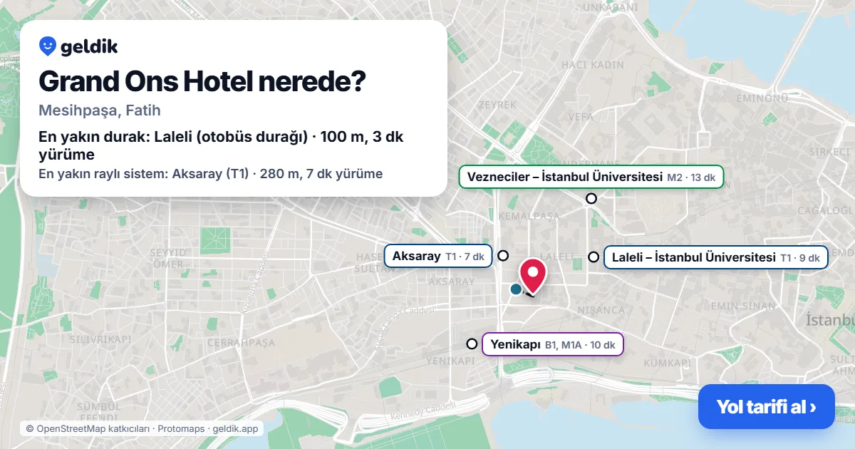 Where is Grand Ons Hotel: map with its location and the nearest stops, with walking times