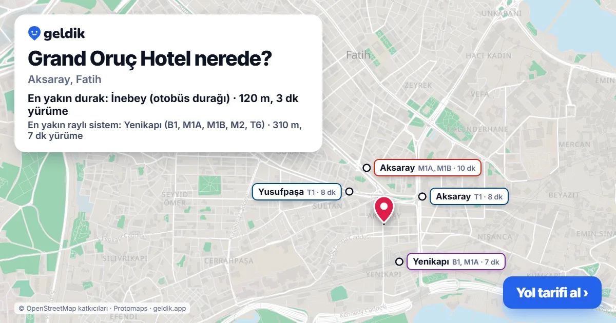 Where is Grand Oruç Hotel: map with its location and the nearest stops, with walking times