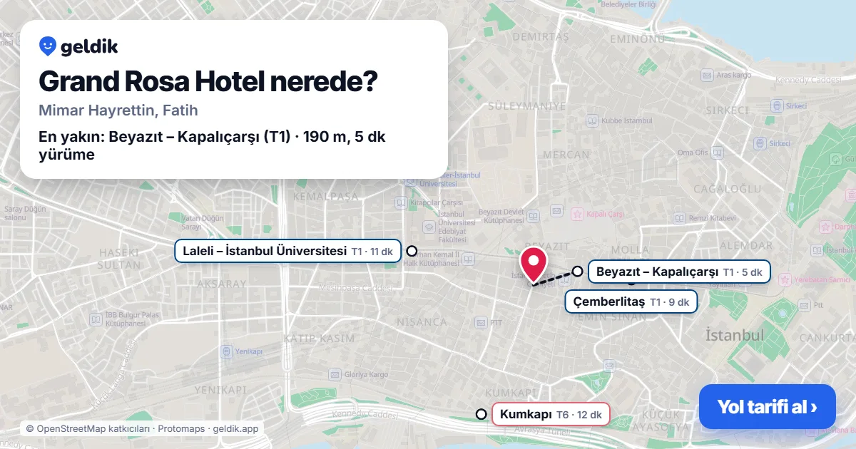Where is Grand Rosa Hotel: map with its location and the nearest stops, with walking times