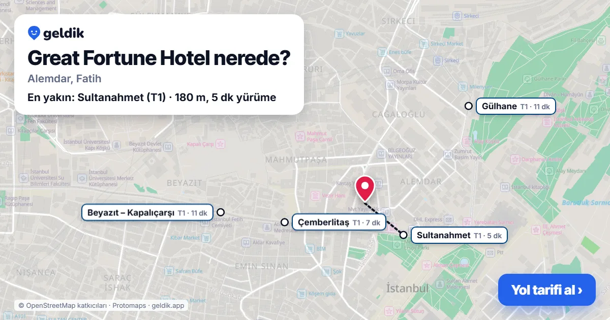 Where is Great Fortune Hotel: map with its location and the nearest stops, with walking times