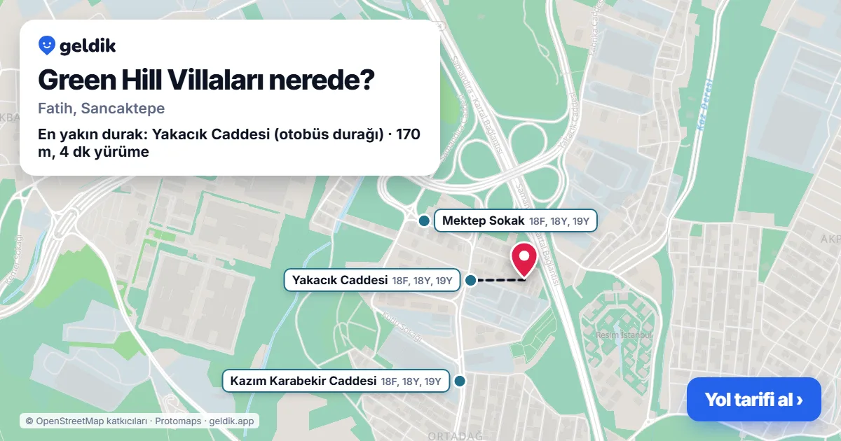 Green Hill Villaları nerede: haritada konumu ve en yakın duraklar, yürüme süreleriyle