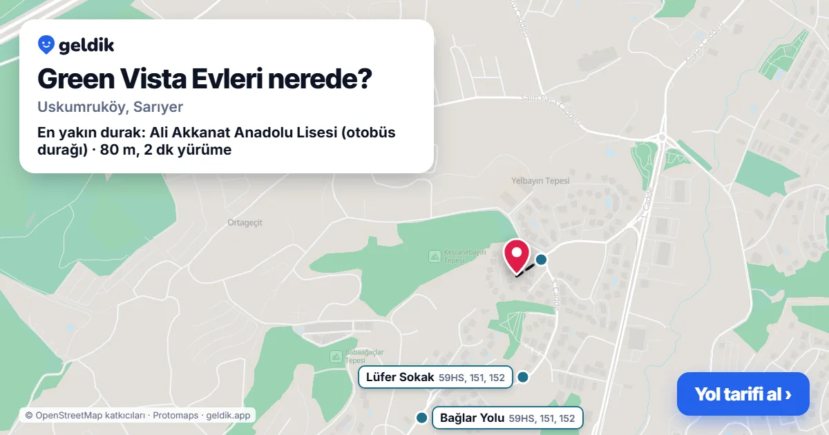 Green Vista Evleri nerede: haritada konumu ve en yakın duraklar, yürüme süreleriyle