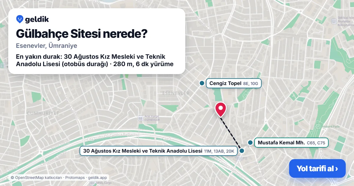Where is Gülbahçe Sitesi: map with its location and the nearest stops, with walking times