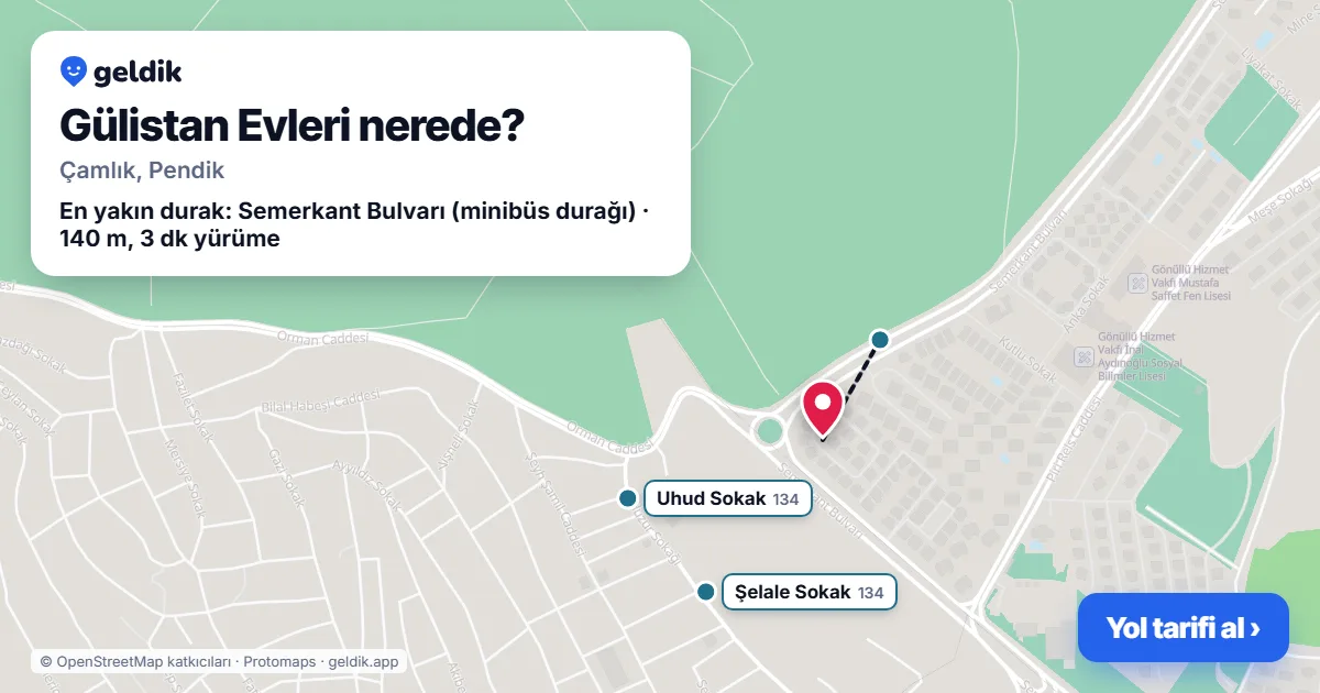 Gülistan Evleri nerede: haritada konumu ve en yakın duraklar, yürüme süreleriyle