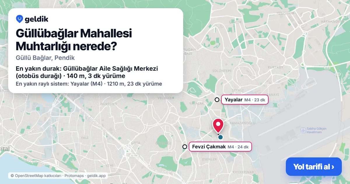 Where is Güllübağlar Mahallesi Muhtarlığı: map with its location and the nearest stops, with walking times