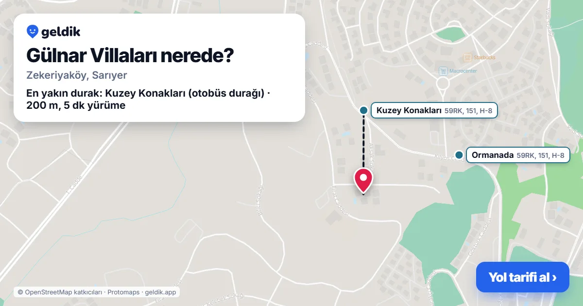 Gülnar Villaları nerede: haritada konumu ve en yakın duraklar, yürüme süreleriyle