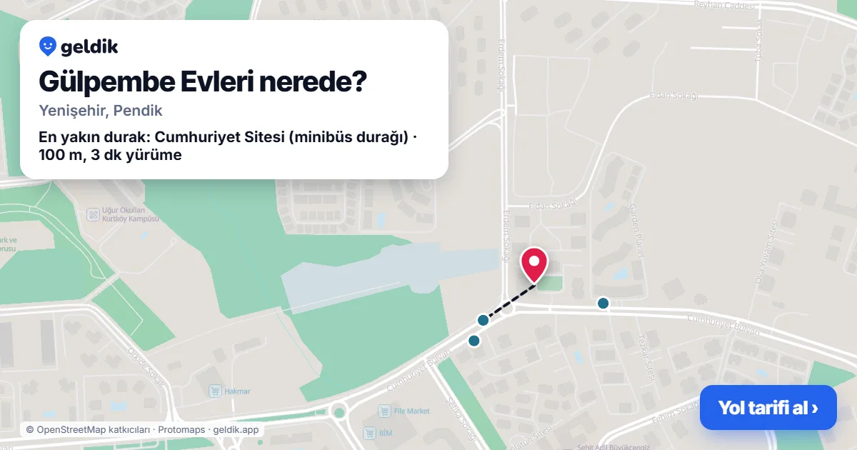 Gülpembe Evleri nerede: haritada konumu ve en yakın duraklar, yürüme süreleriyle