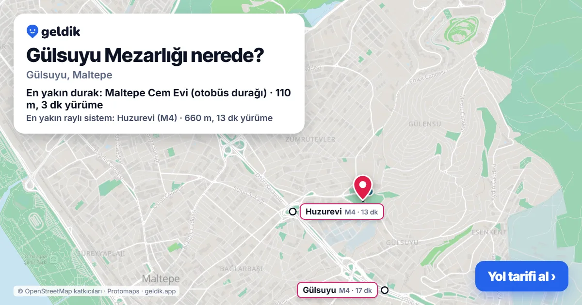 Gülsuyu Mezarlığı nerede: haritada konumu ve en yakın duraklar, yürüme süreleriyle