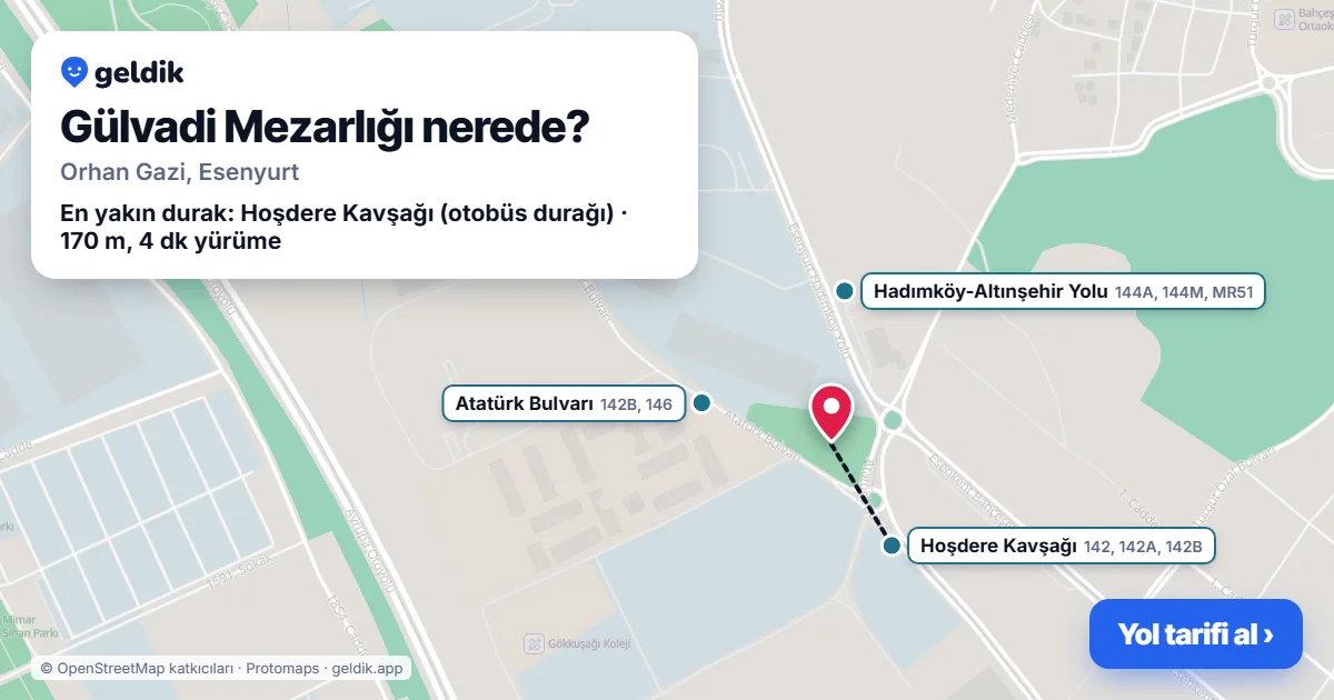 Gülvadi Mezarlığı nerede: haritada konumu ve en yakın duraklar, yürüme süreleriyle