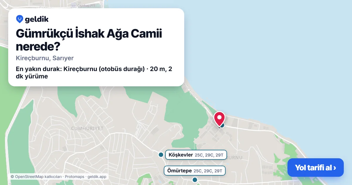 Gümrükçü İshak Ağa Camii nerede: haritada konumu ve en yakın duraklar, yürüme süreleriyle