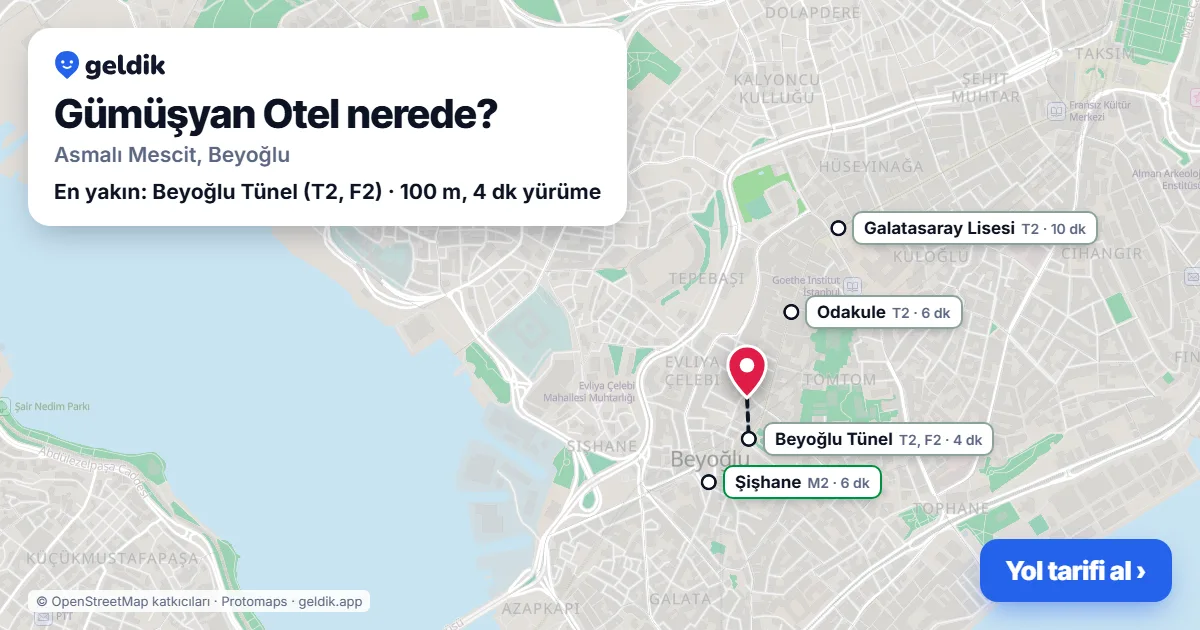 Where is Gümüşyan Otel: map with its location and the nearest stops, with walking times