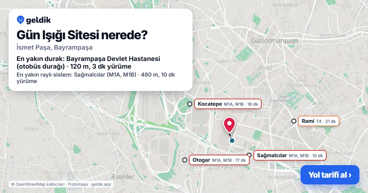 Gün Işığı Sitesi nerede: haritada konumu ve en yakın duraklar, yürüme süreleriyle