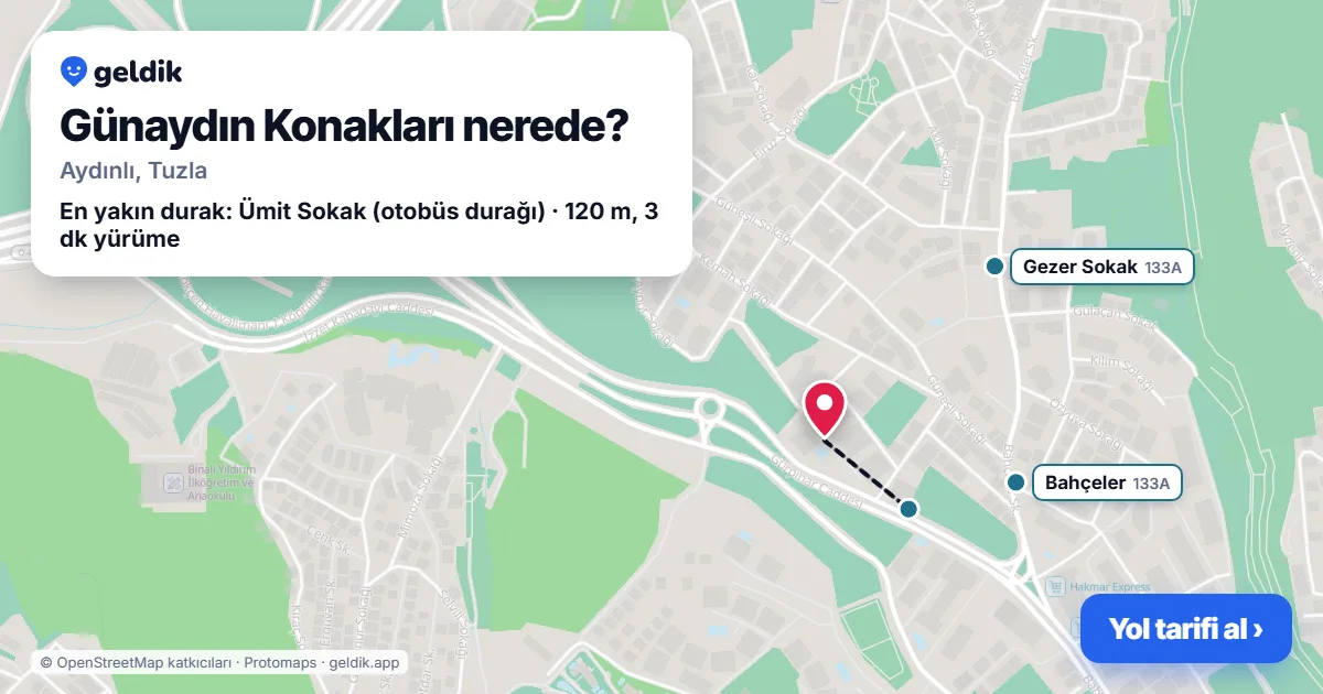 Günaydın Konakları nerede: haritada konumu ve en yakın duraklar, yürüme süreleriyle