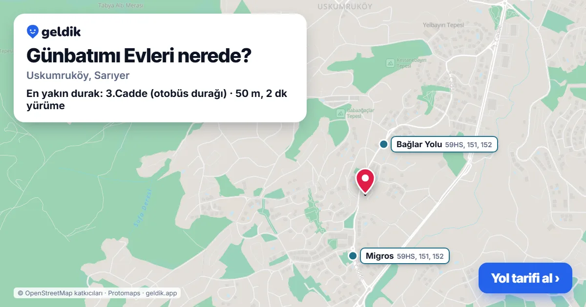 Where is Günbatımı Evleri: map with its location and the nearest stops, with walking times