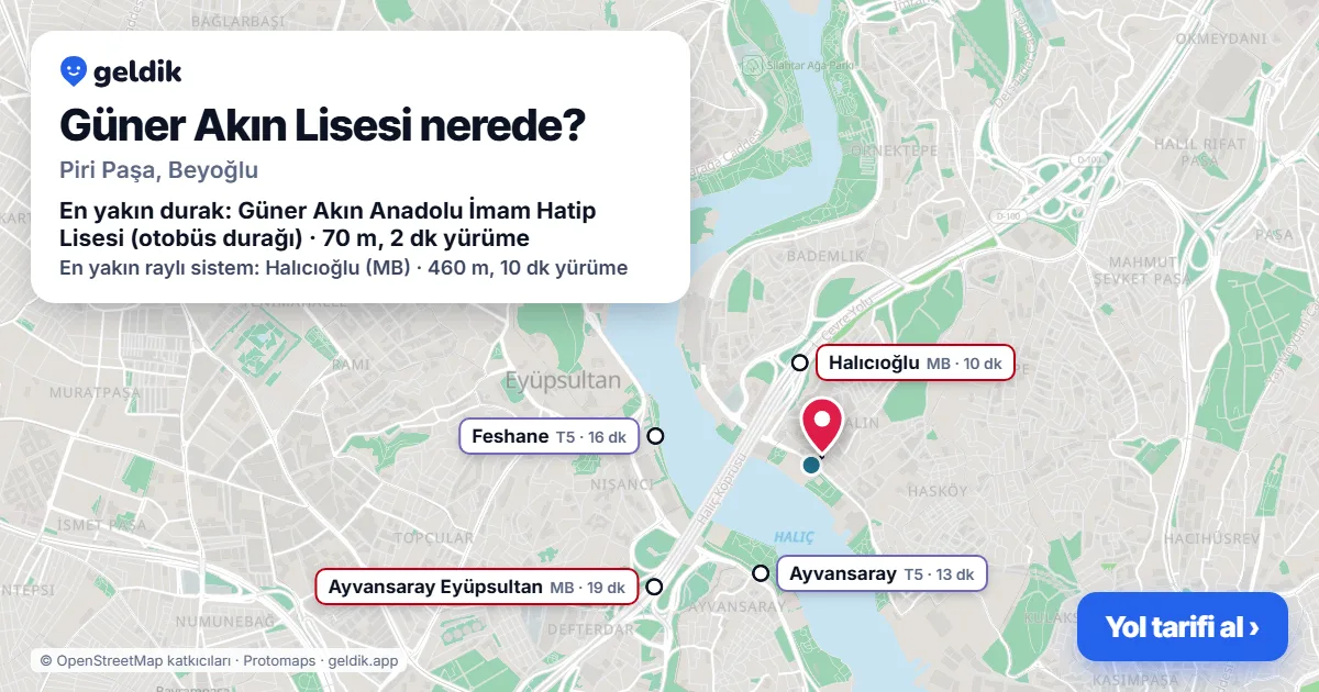 Where is Güner Akın Lisesi: map with its location and the nearest stops, with walking times