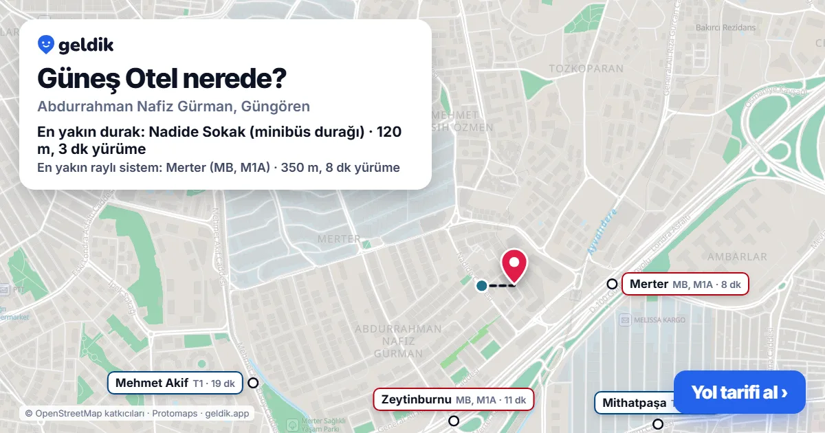 Where is Güneş Otel: map with its location and the nearest stops, with walking times