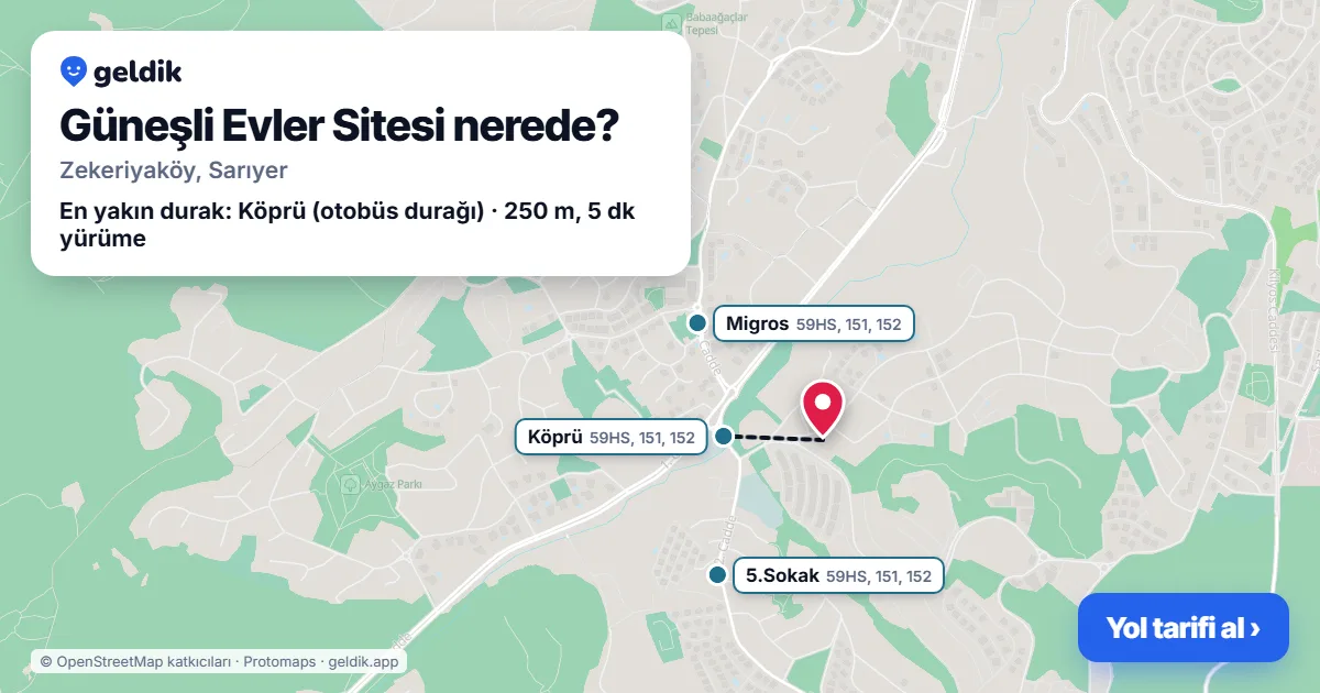 Güneşli Evler Sitesi nerede: haritada konumu ve en yakın duraklar, yürüme süreleriyle