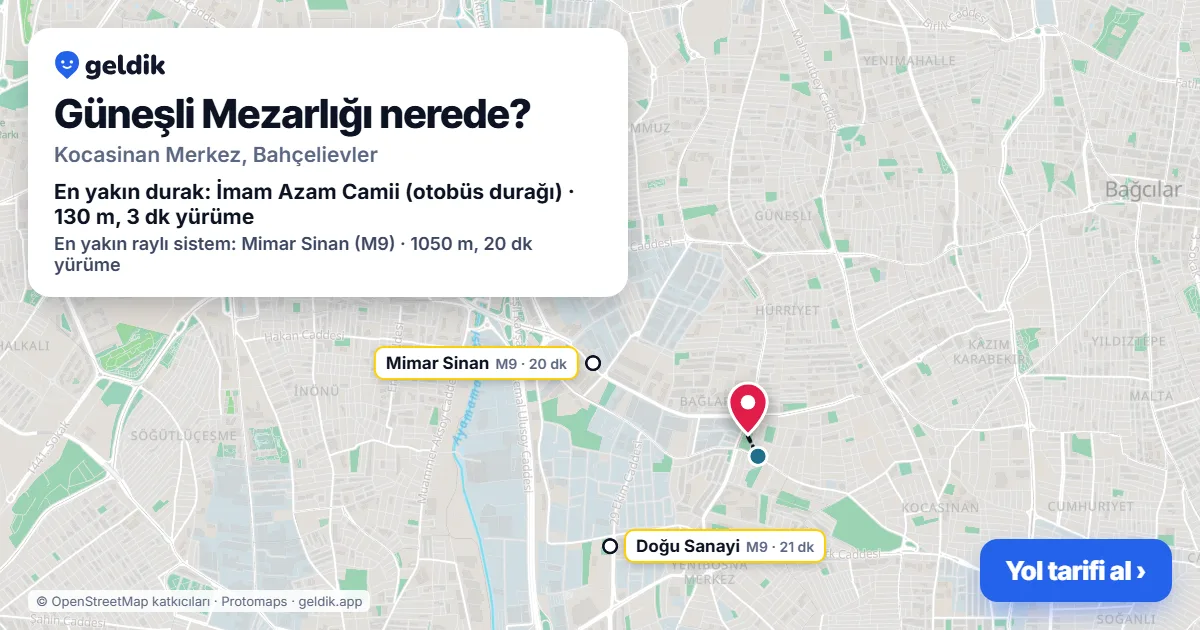 Güneşli Mezarlığı nerede: haritada konumu ve en yakın duraklar, yürüme süreleriyle
