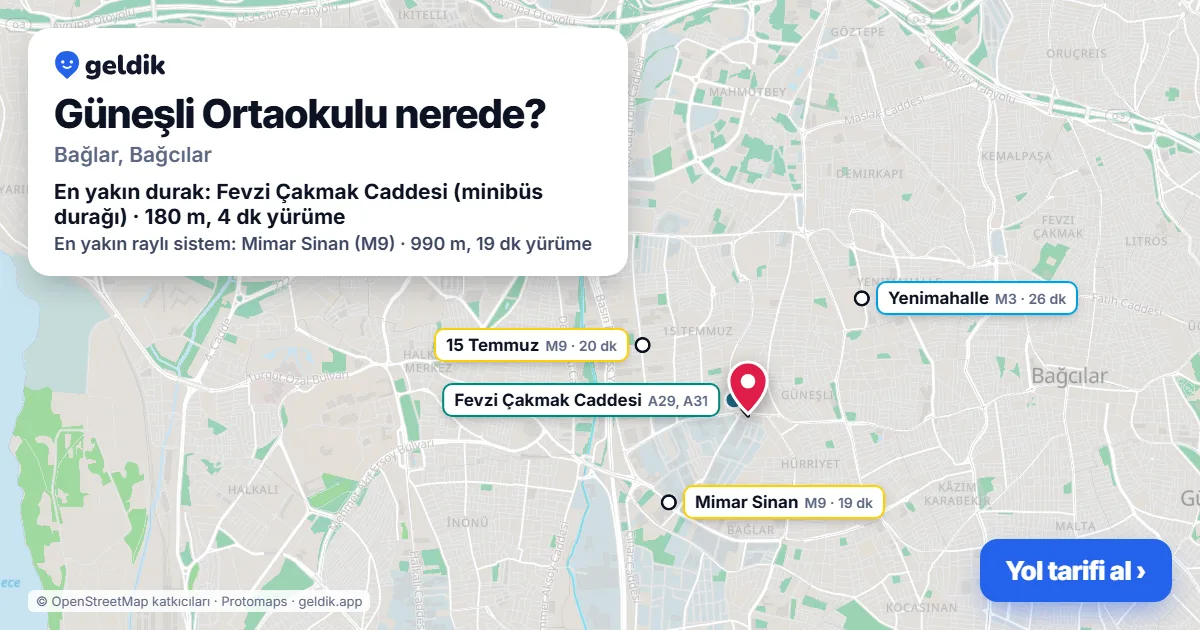 Güneşli Ortaokulu nerede: haritada konumu ve en yakın duraklar, yürüme süreleriyle