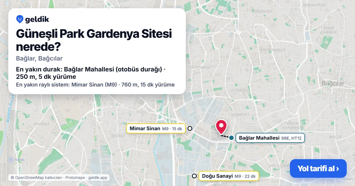 Where is Güneşli Park Gardenya Sitesi: map with its location and the nearest stops, with walking times