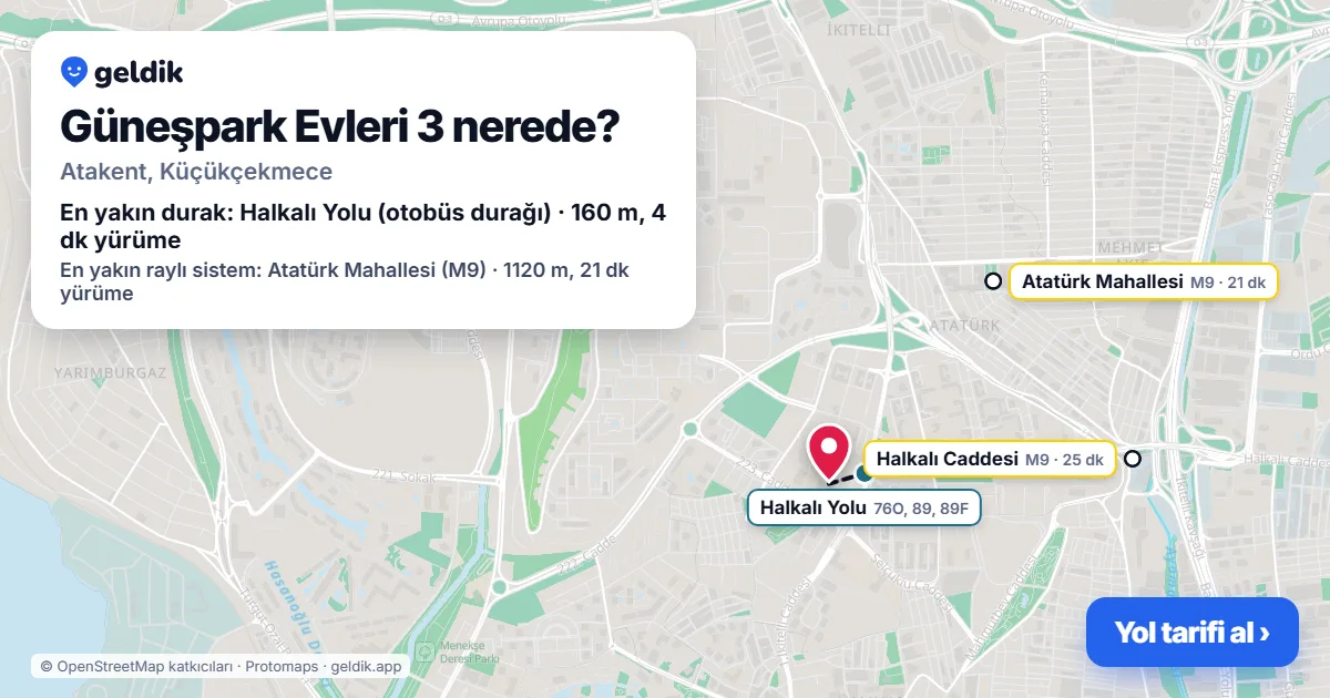 Güneşpark Evleri 3 nerede: haritada konumu ve en yakın duraklar, yürüme süreleriyle