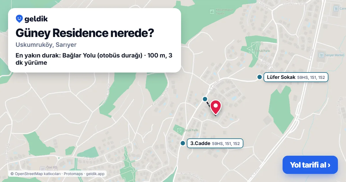 Güney Residence nerede: haritada konumu ve en yakın duraklar, yürüme süreleriyle