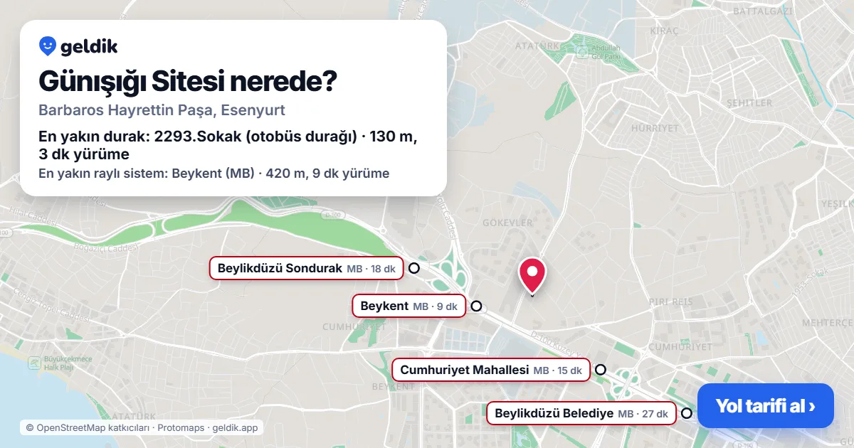 Where is Günışığı Sitesi: map with its location and the nearest stops, with walking times