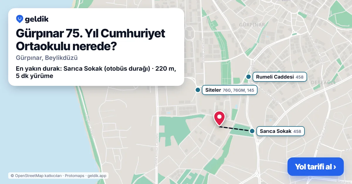 Gürpınar 75. Yıl Cumhuriyet Ortaokulu nerede: haritada konumu ve en yakın duraklar, yürüme süreleriyle