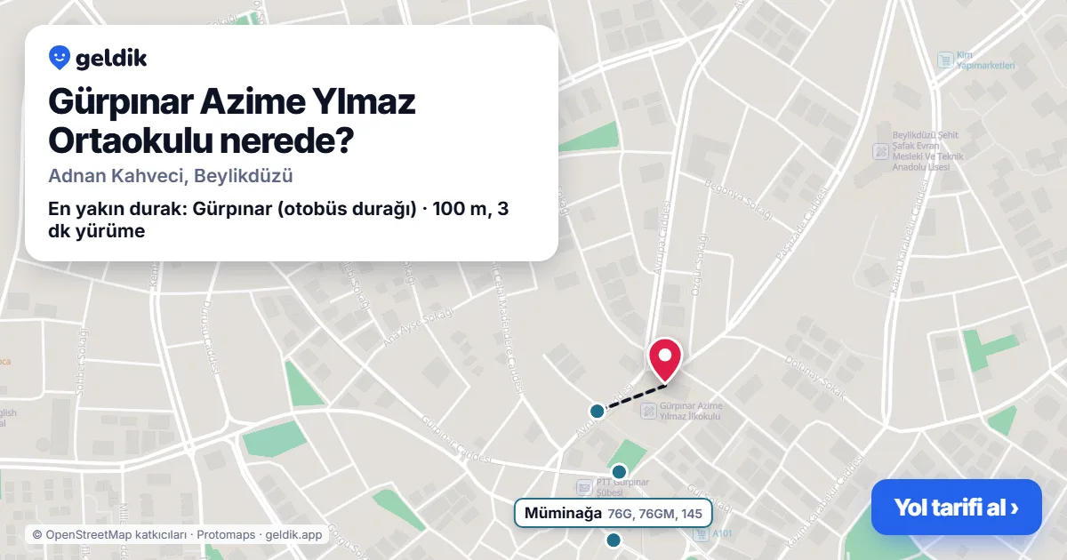 Where is Gürpınar Azime Ylmaz Ortaokulu: map with its location and the nearest stops, with walking times