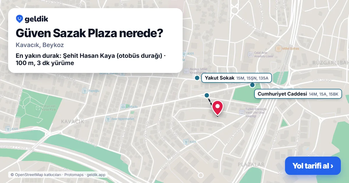Güven Sazak Plaza nerede: haritada konumu ve en yakın duraklar, yürüme süreleriyle