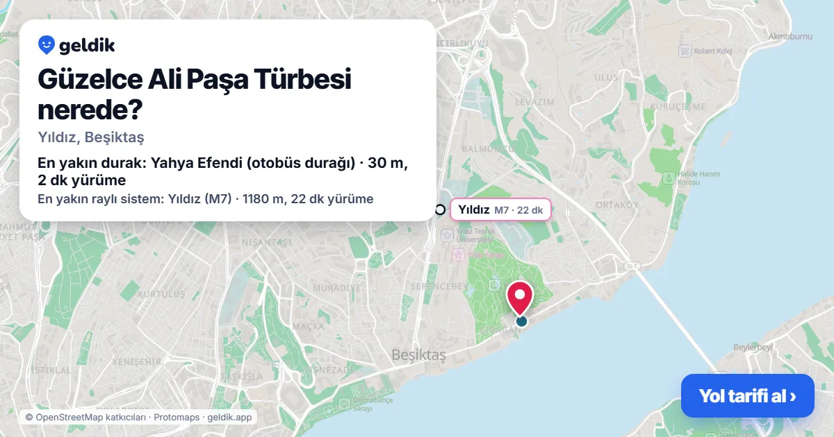 Güzelce Ali Paşa Türbesi nerede: haritada konumu ve en yakın duraklar, yürüme süreleriyle