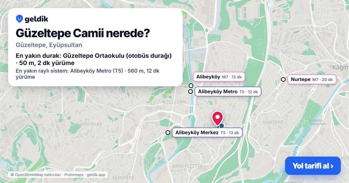 Where is Güzeltepe Camii: map with its location and the nearest stops, with walking times