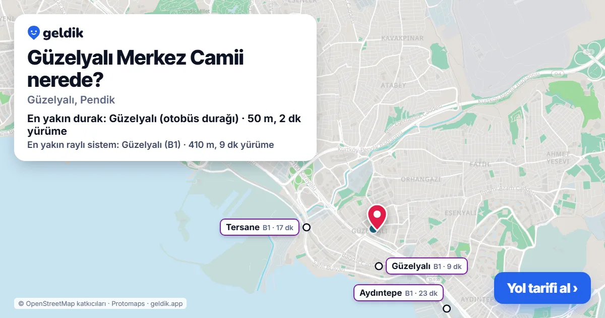 Where is Güzelyalı Merkez Camii: map with its location and the nearest stops, with walking times