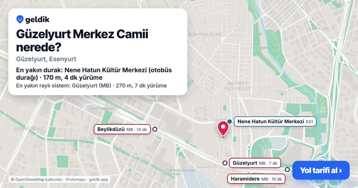 Güzelyurt Merkez Camii nerede: haritada konumu ve en yakın duraklar, yürüme süreleriyle