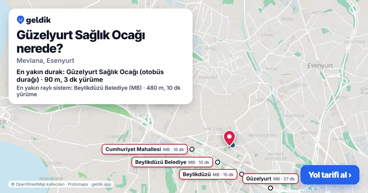 Where is Güzelyurt Sağlık Ocağı: map with its location and the nearest stops, with walking times