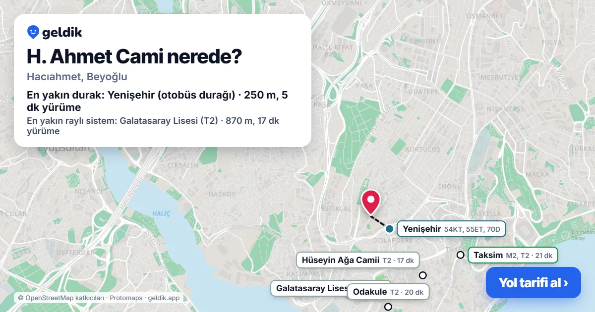 Where is H. Ahmet Cami: map with its location and the nearest stops, with walking times