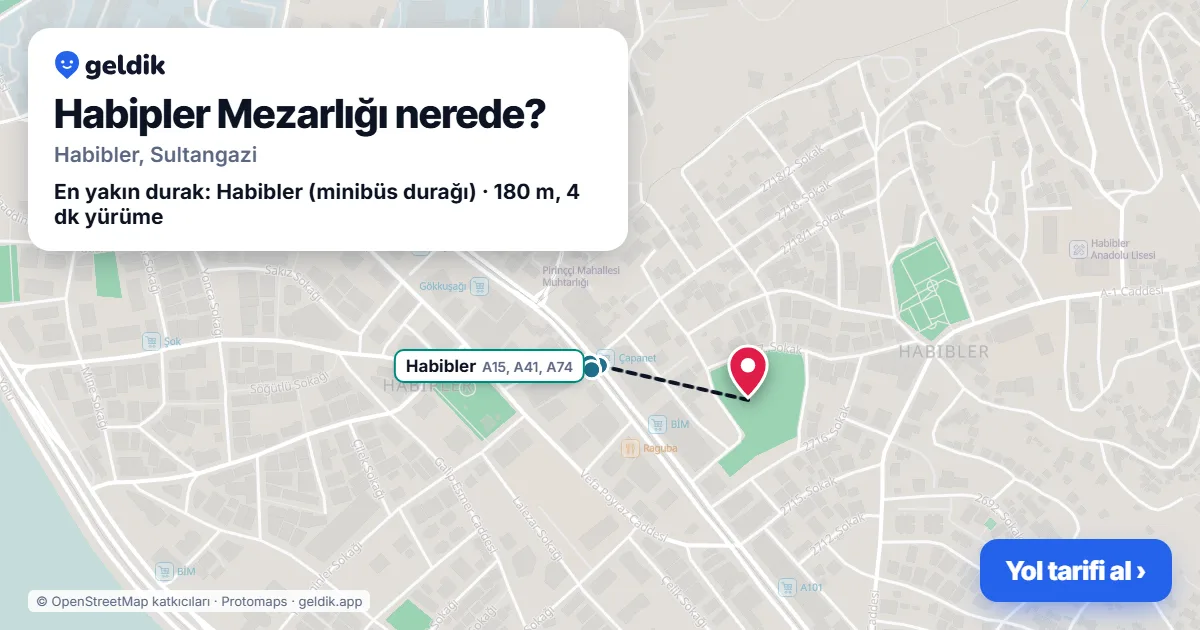 Where is Habipler Mezarlığı: map with its location and the nearest stops, with walking times