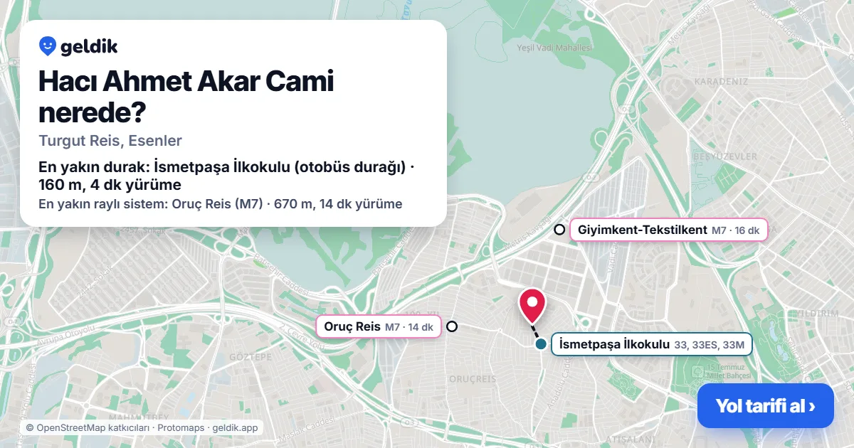 Where is Hacı Ahmet Akar Cami: map with its location and the nearest stops, with walking times