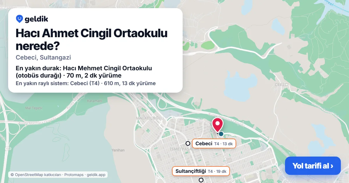 Where is Hacı Ahmet Cingil Ortaokulu: map with its location and the nearest stops, with walking times