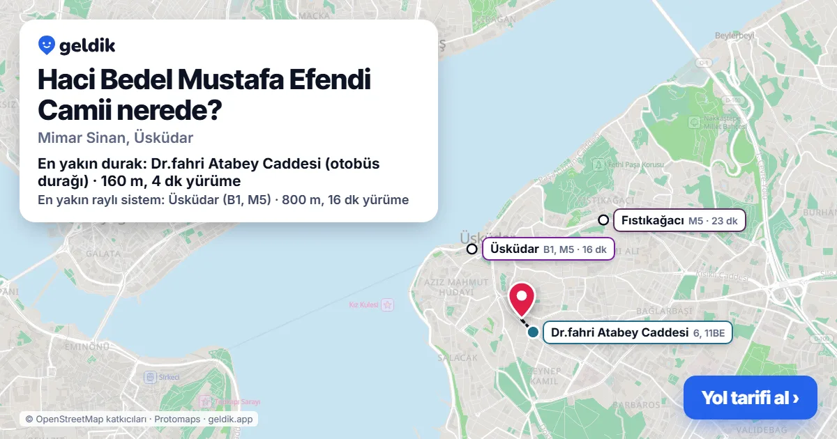 Haci Bedel Mustafa Efendi Camii nerede: haritada konumu ve en yakın duraklar, yürüme süreleriyle