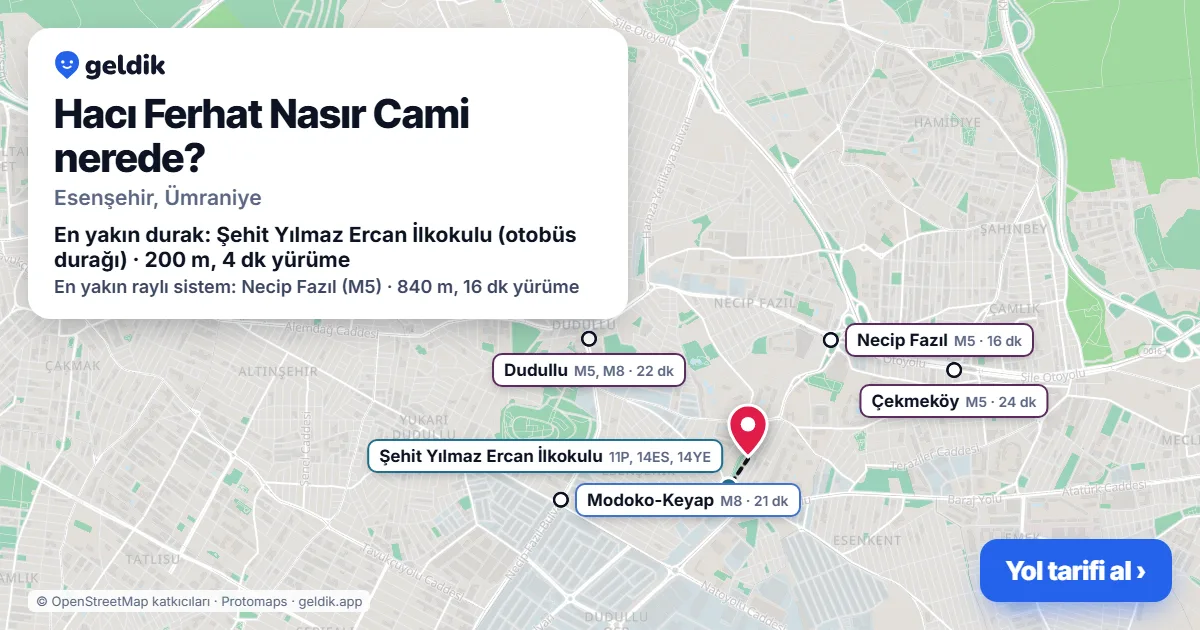 Where is Hacı Ferhat Nasır Cami: map with its location and the nearest stops, with walking times