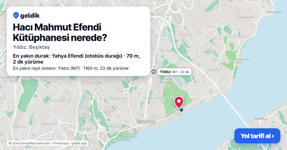 Hacı Mahmut Efendi Kütüphanesi nerede: haritada konumu ve en yakın duraklar, yürüme süreleriyle