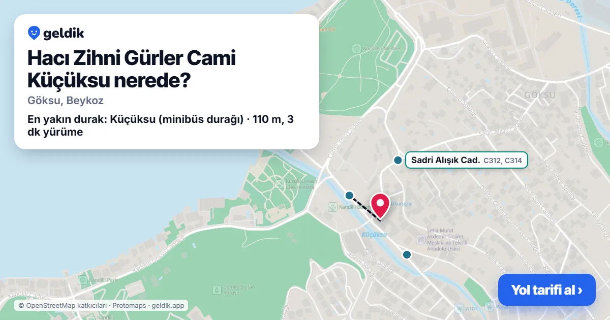 Hacı Zihni Gürler Cami Küçüksu nerede: haritada konumu ve en yakın duraklar, yürüme süreleriyle
