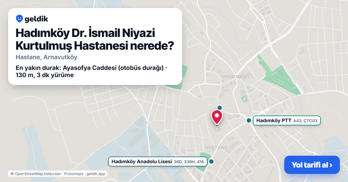 Hadımköy Dr. İsmail Niyazi Kurtulmuş Hastanesi nerede: haritada konumu ve en yakın duraklar, yürüme süreleriyle