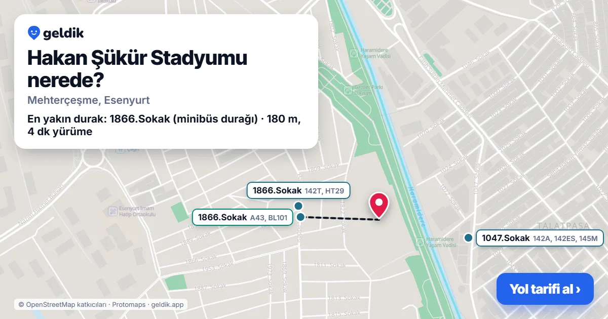 Where is Hakan Şükür Stadyumu: map with its location and the nearest stops, with walking times