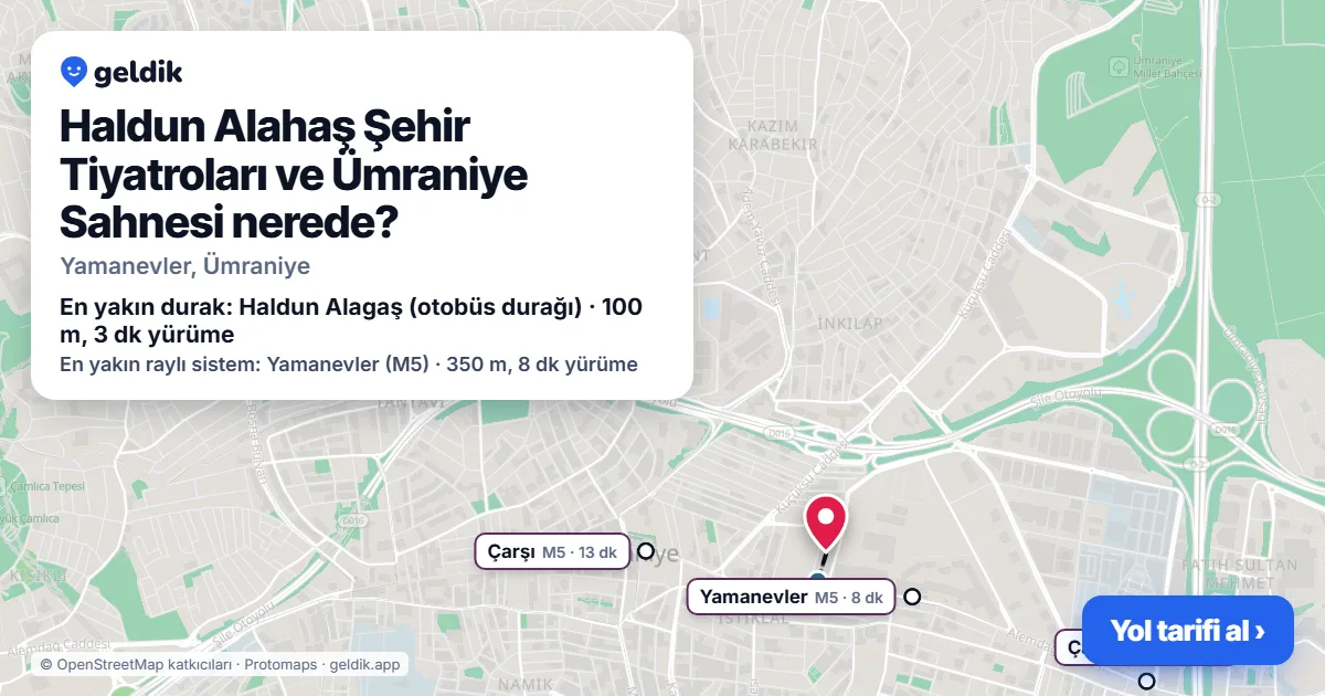 Haldun Alahaş Şehir Tiyatroları ve Ümraniye Sahnesi nerede: haritada konumu ve en yakın duraklar, yürüme süreleriyle